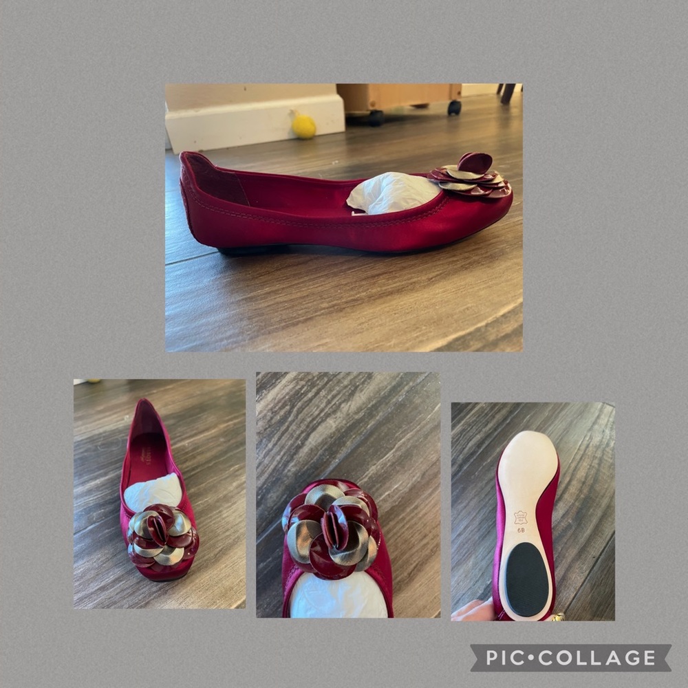 Talbots NIB and never worn dark red flat w/cute maroon as silver flower on toe